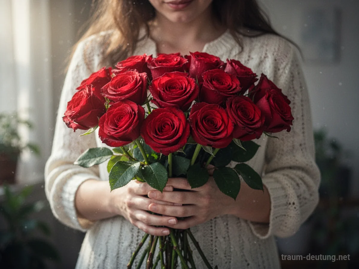 Eine Person hält einen Strauß roter Rosen.