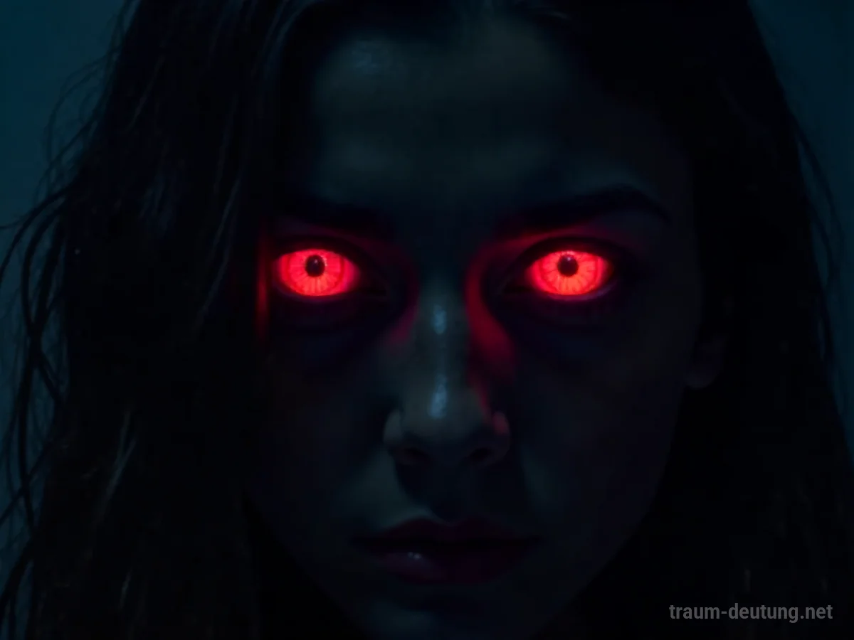 Leuchtend rote Augen blicken aus der Dunkelheit hervor.