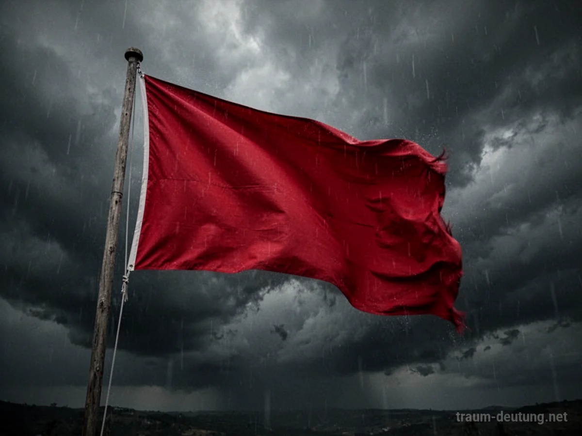 Rote Flagge weht im Sturm vor dunklem Himmel