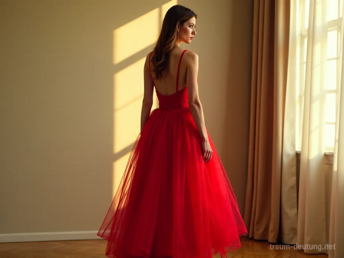 Person trägt ein leuchtend rotes Kleid in einem hellen Raum