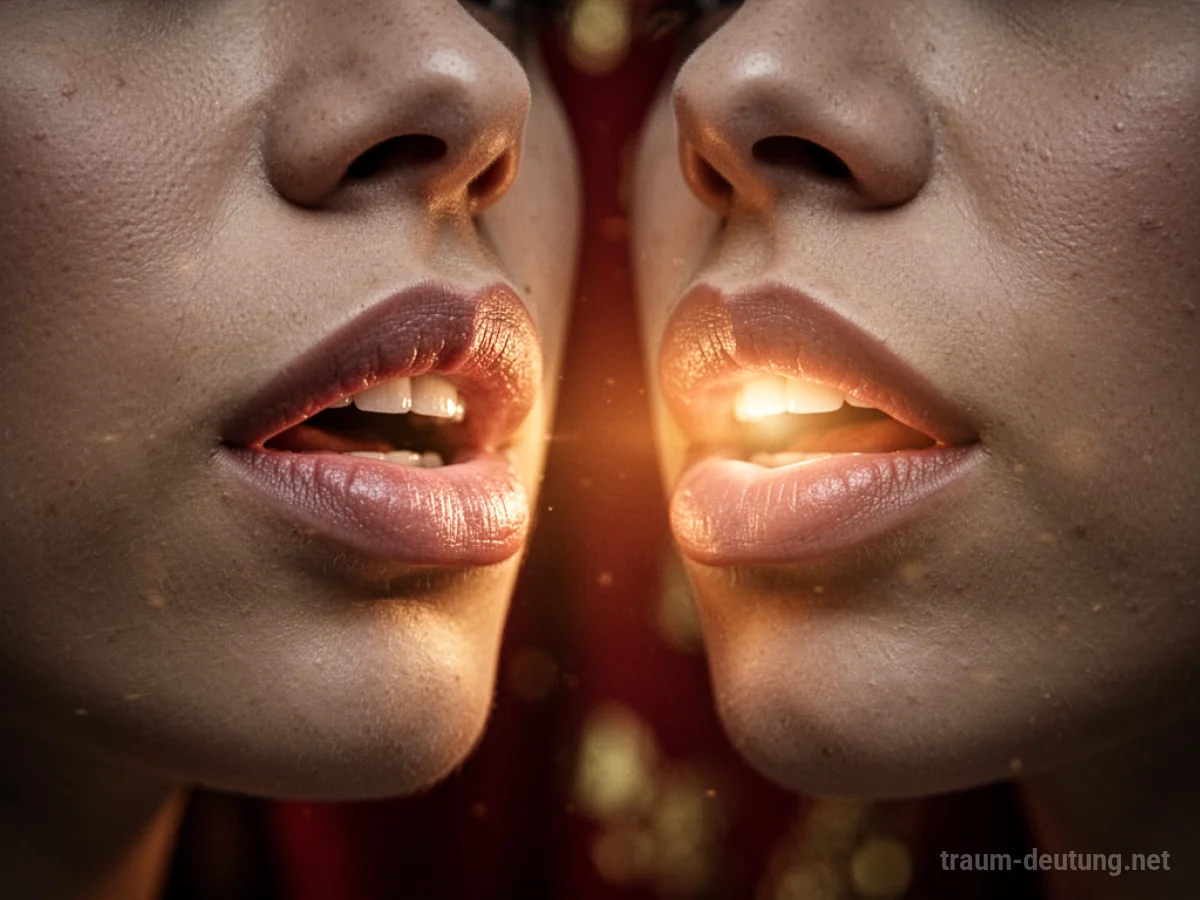 Zwei Paare von Lippen, die sich sanft berühren, umgeben von warmem Licht