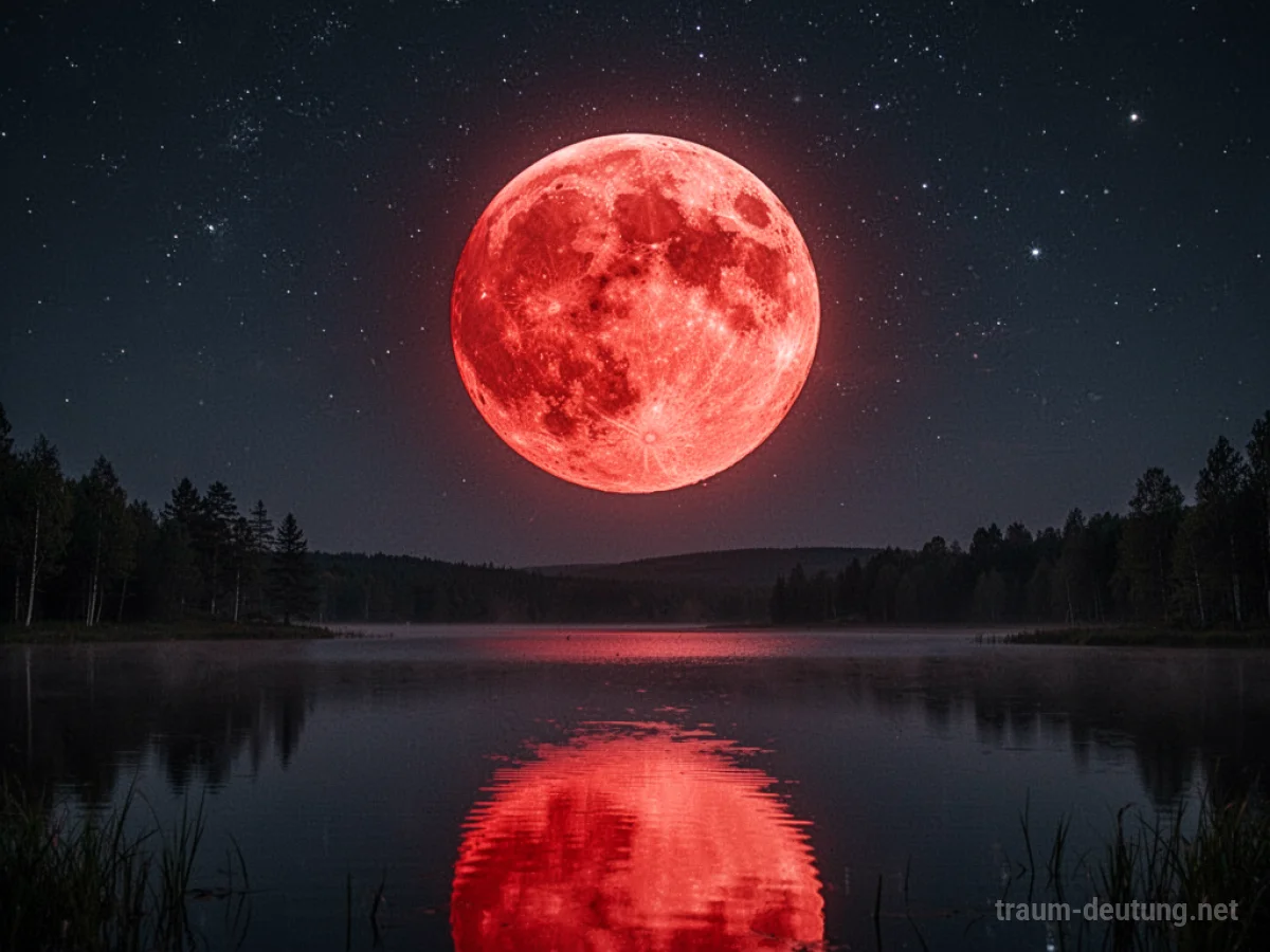 Ein leuchtender roter Mond über einem ruhigen See bei Nacht.