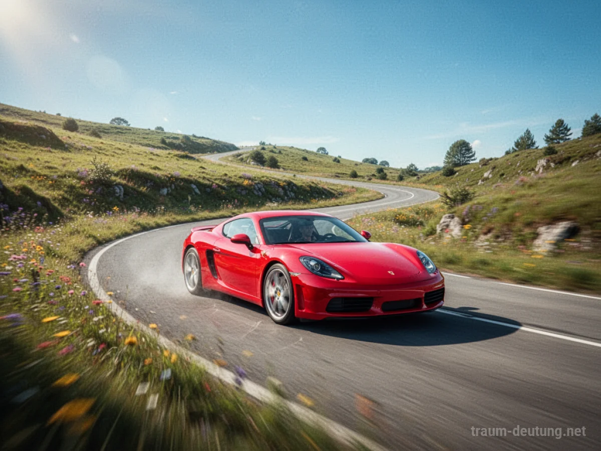 Rotes Sportauto fährt auf einer sonnigen Landstraße.