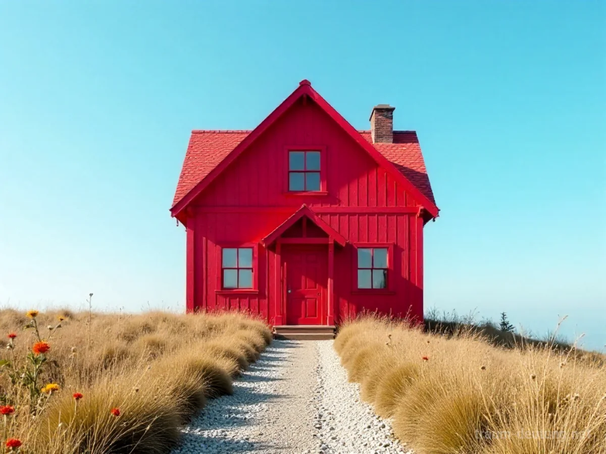 Ein leuchtend rotes Haus unter blauem Himmel.