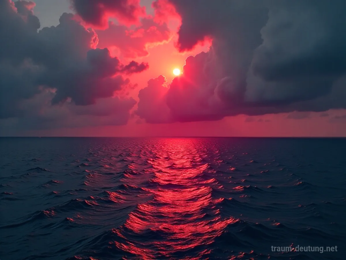 Weites rotes Meerwasser unter einem dramatischen Himmel