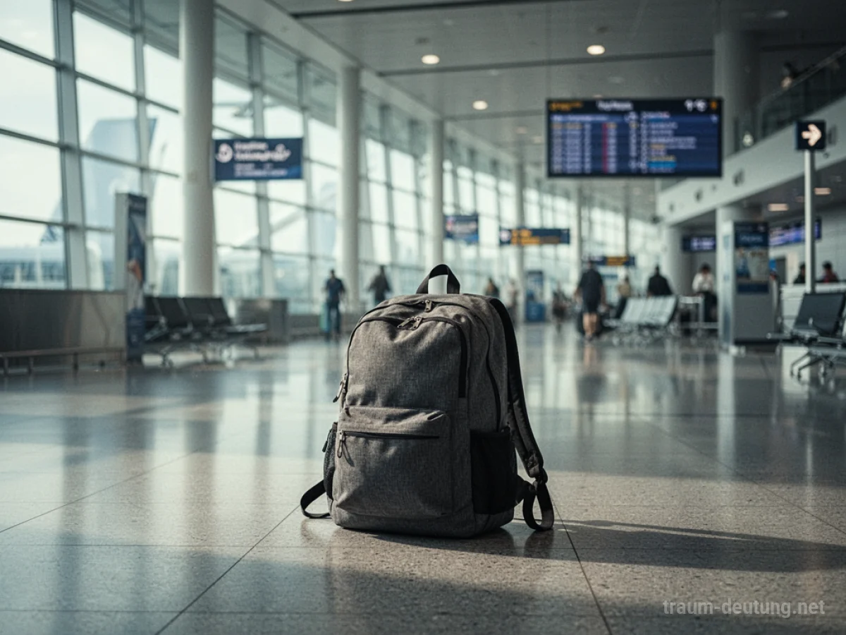 Ein einzelner Rucksack steht am Flughafen auf dem Boden.