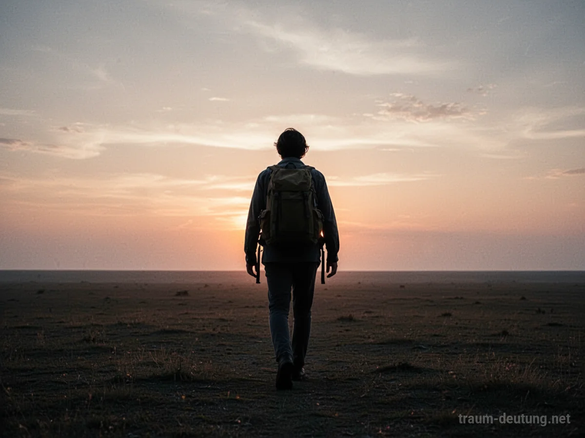 Silhouette einer Person mit Rucksack auf dem Rücken in weiten Landschaft