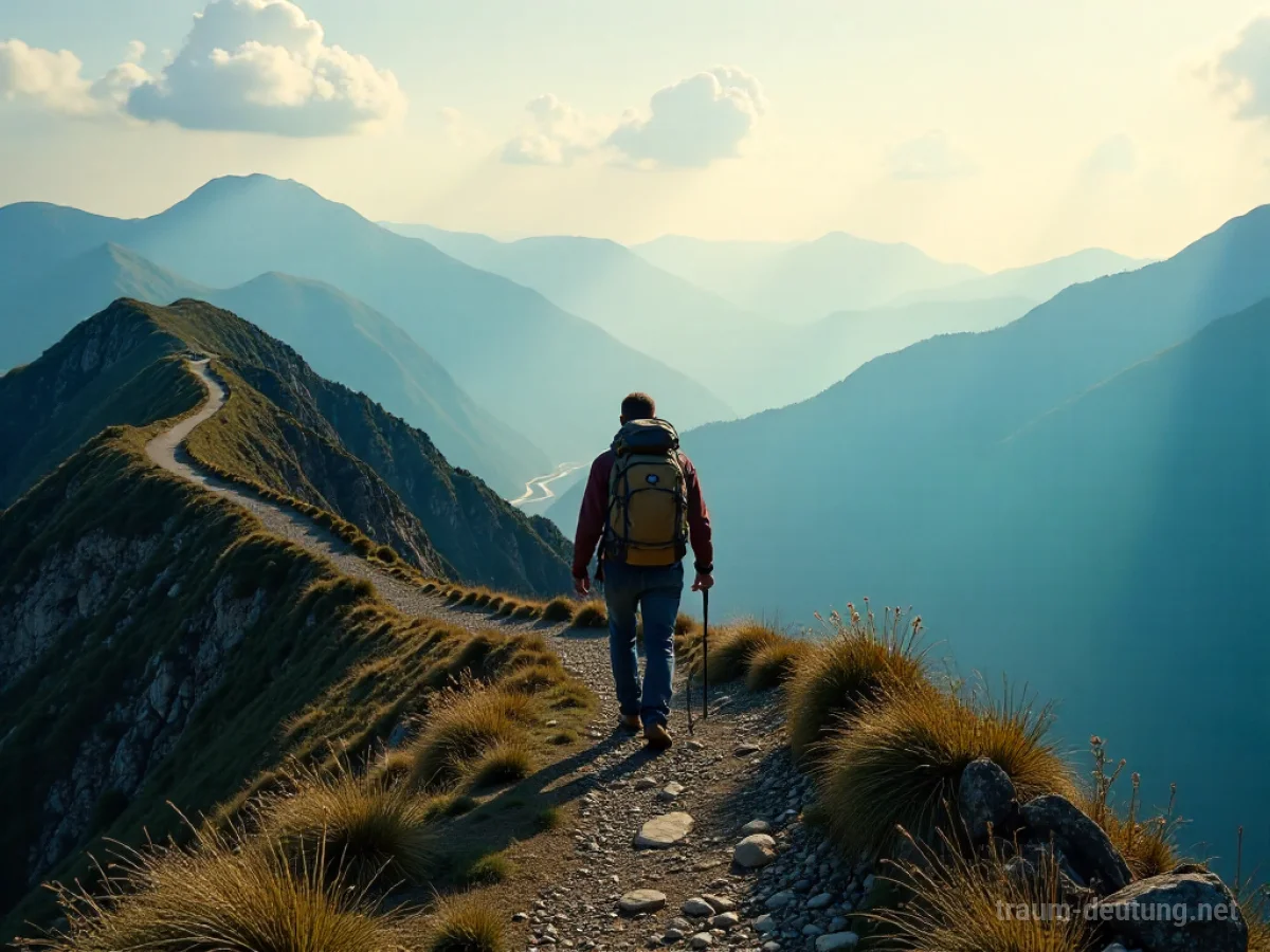 Ein Wanderer mit Rucksack auf einem Bergpfad, der auf einen fernen Horizont zusteuert.