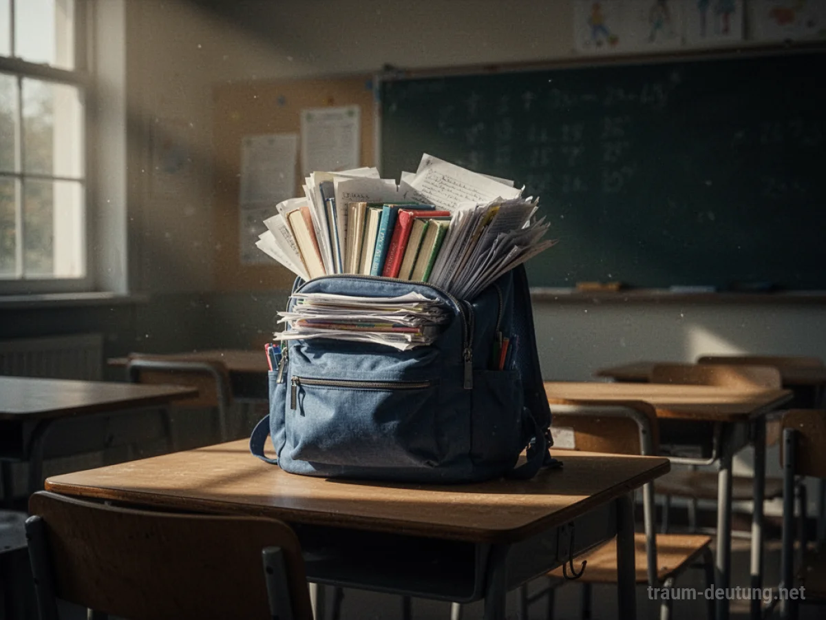 Ein Schulrucksack voller Bücher und Hefte auf einem Klassenzimmertisch.