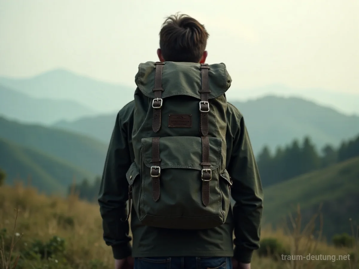 Rucksack mit undeutlichem Inhalt in einer unscharfen Landschaft