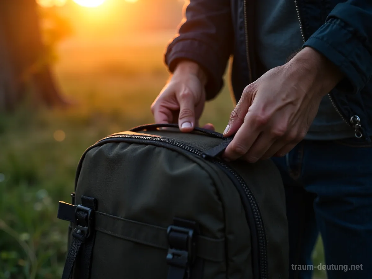 Hände packen sorgfältig einen Rucksack für eine Reise.