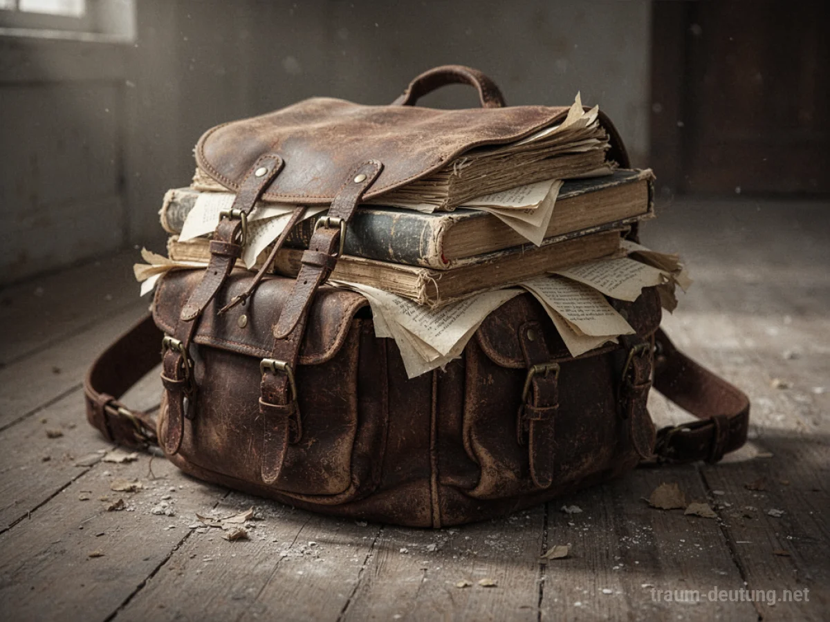 Ein alter Rucksack quillt über mit vielen Büchern auf einem Holzboden.