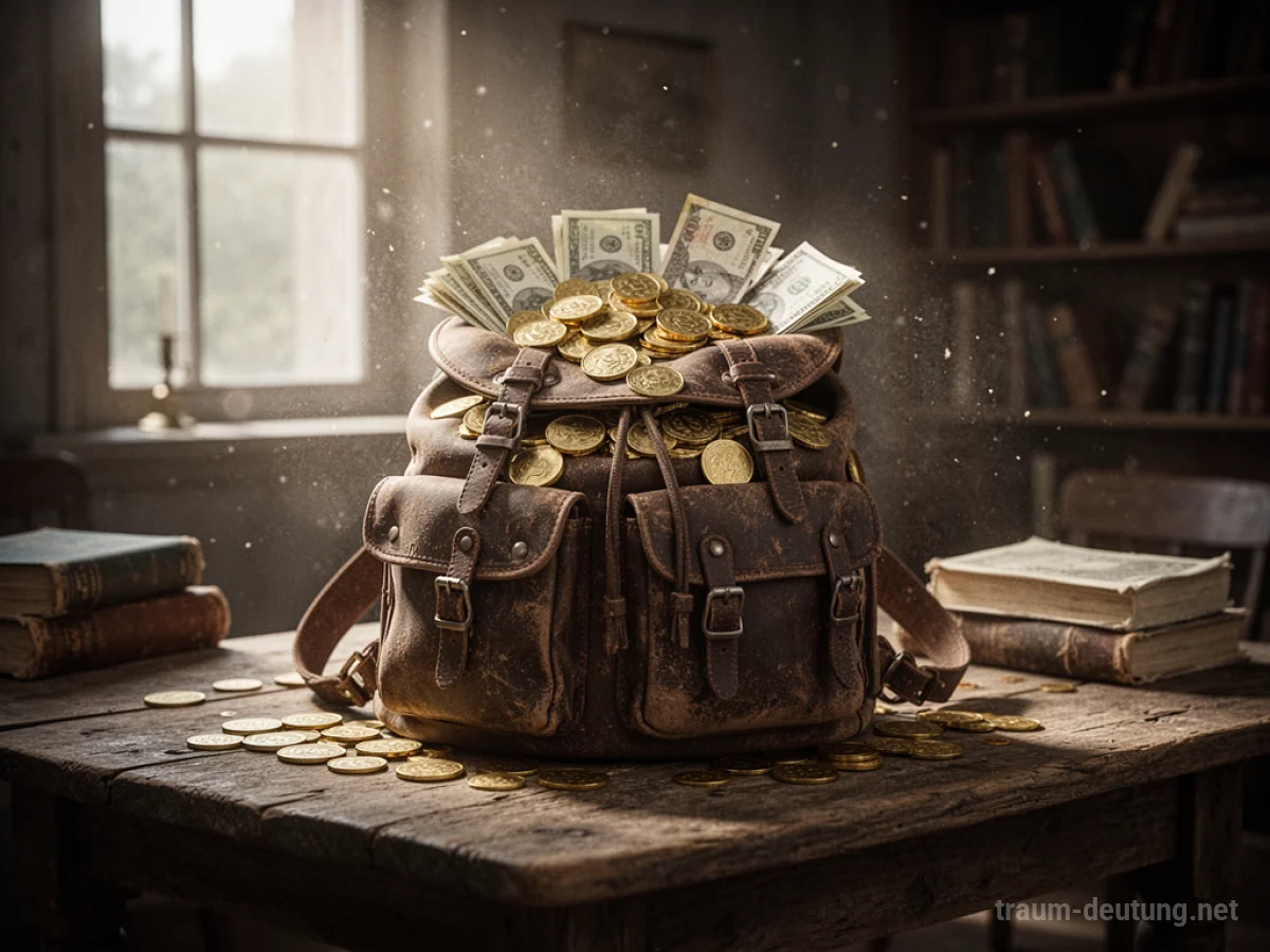 Ein Rucksack, der überquillt mit Geld, sitzt auf einem Holztisch.