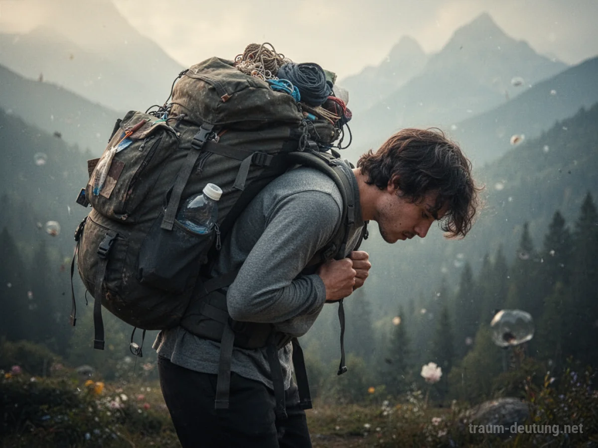 Ein überladener Rucksack auf dem Rücken einer Person, die sich bückt.