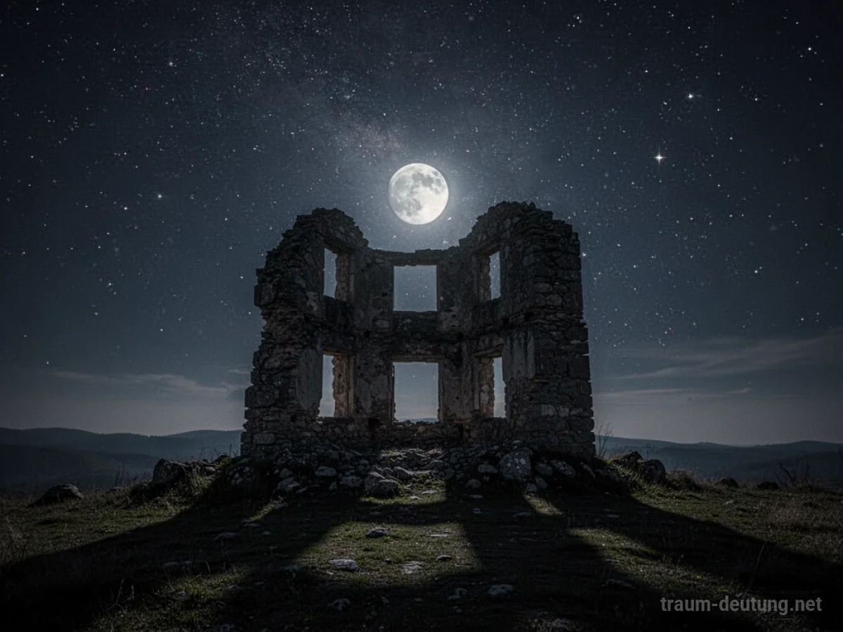 Ruine bei Nacht unter Sternenhimmel mit langen Schatten.