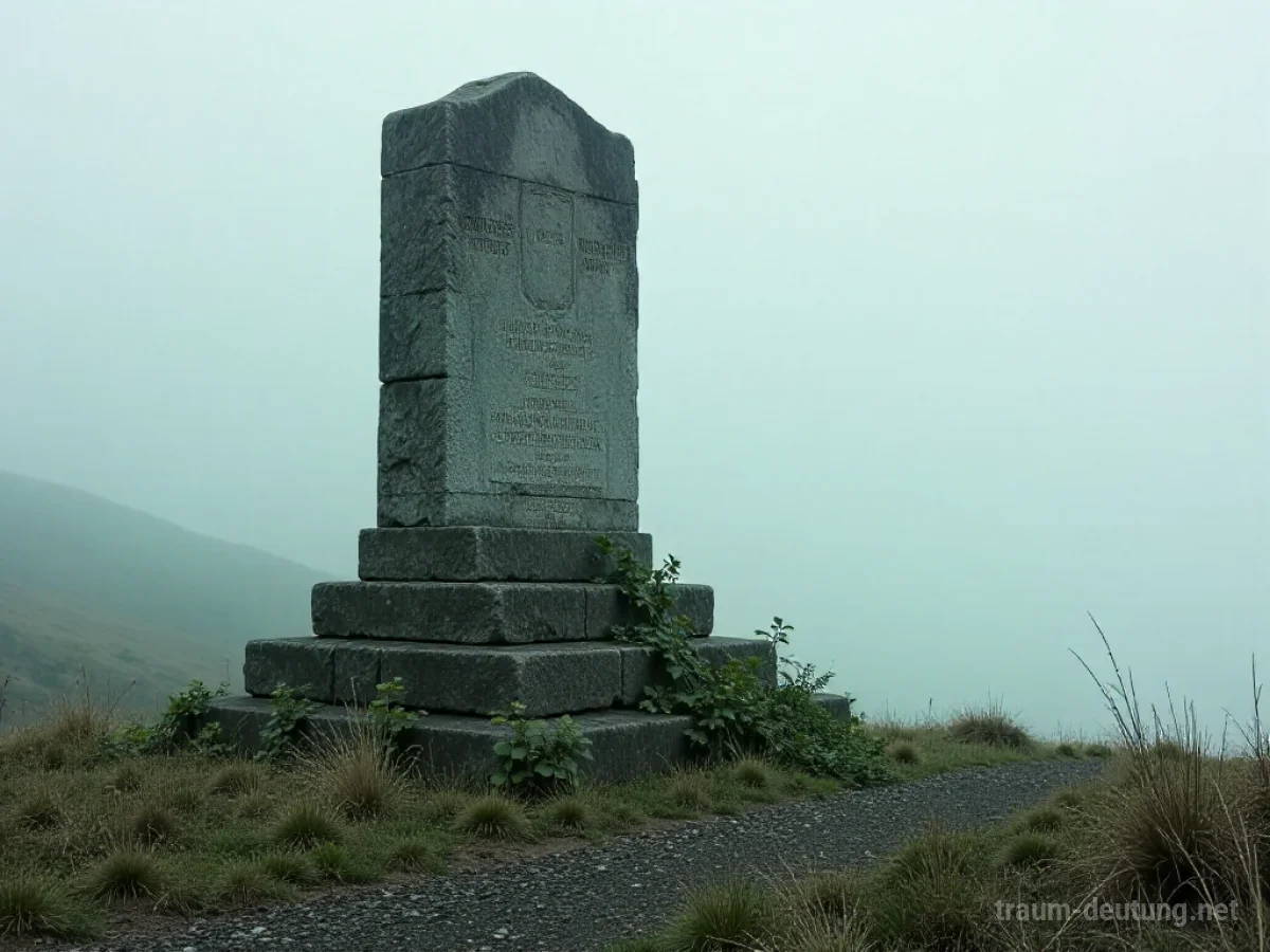 Eine teilweise zerfallene Steinstruktur, die als Denkmal dient, inmitten einer nebligen Landschaft.