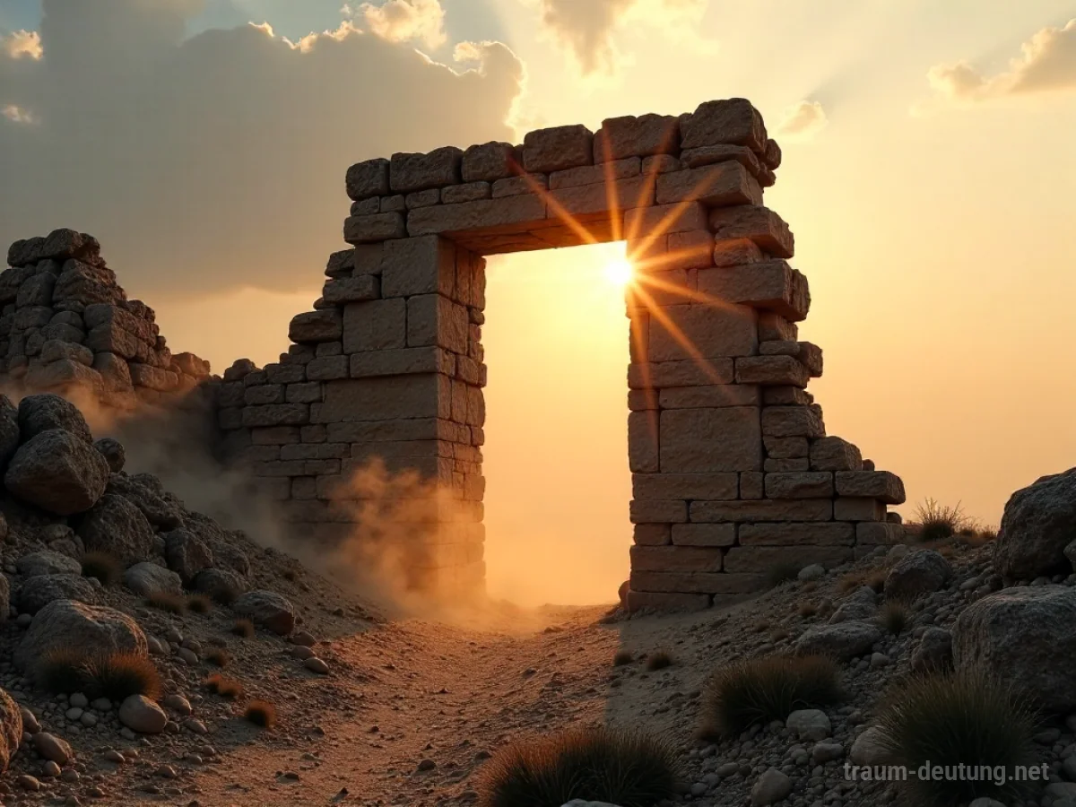 Eine explodierende Ruine im Traum, mit Lichtblitzen und aufsteigendem Staub.