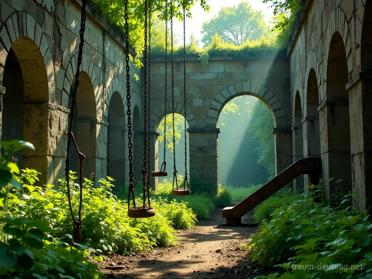Eine überwucherte Spielplatz-Ruine mit kaputten Schaukeln und Rutsche, die von alten Mauern umgeben ist.