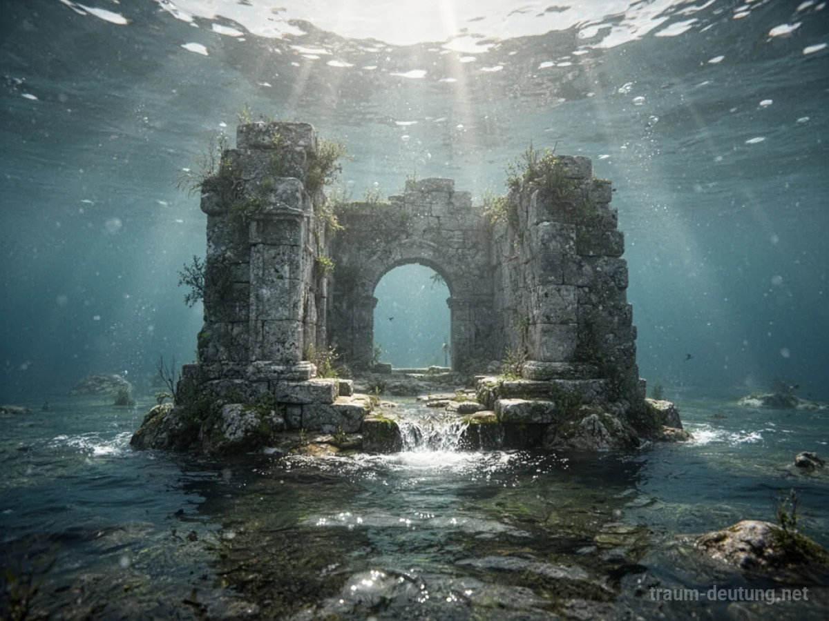 Verfallene Ruine, die teilweise unter Wasser liegt, mit durchscheinendem Sonnenlicht