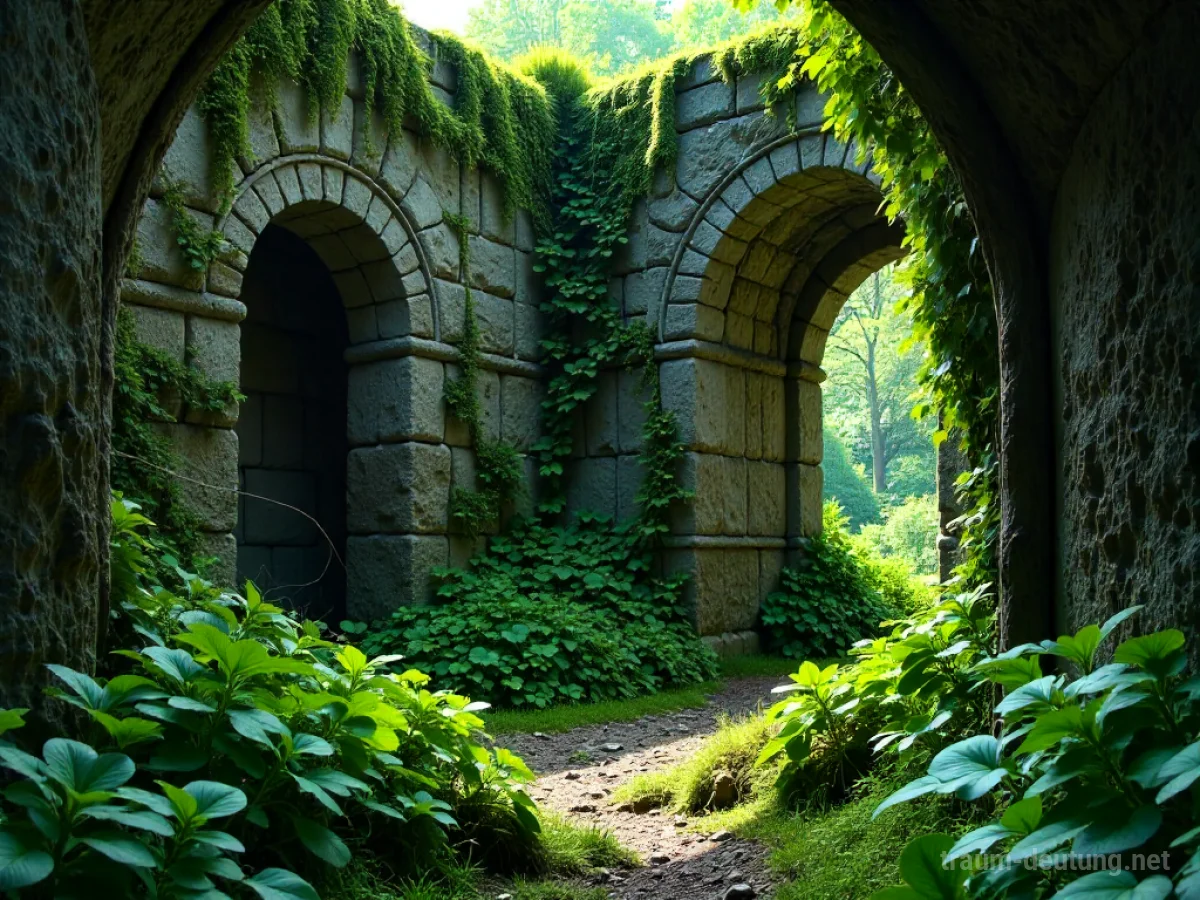 Eine alte, von Pflanzen überwucherte Ruine im sanften Licht.