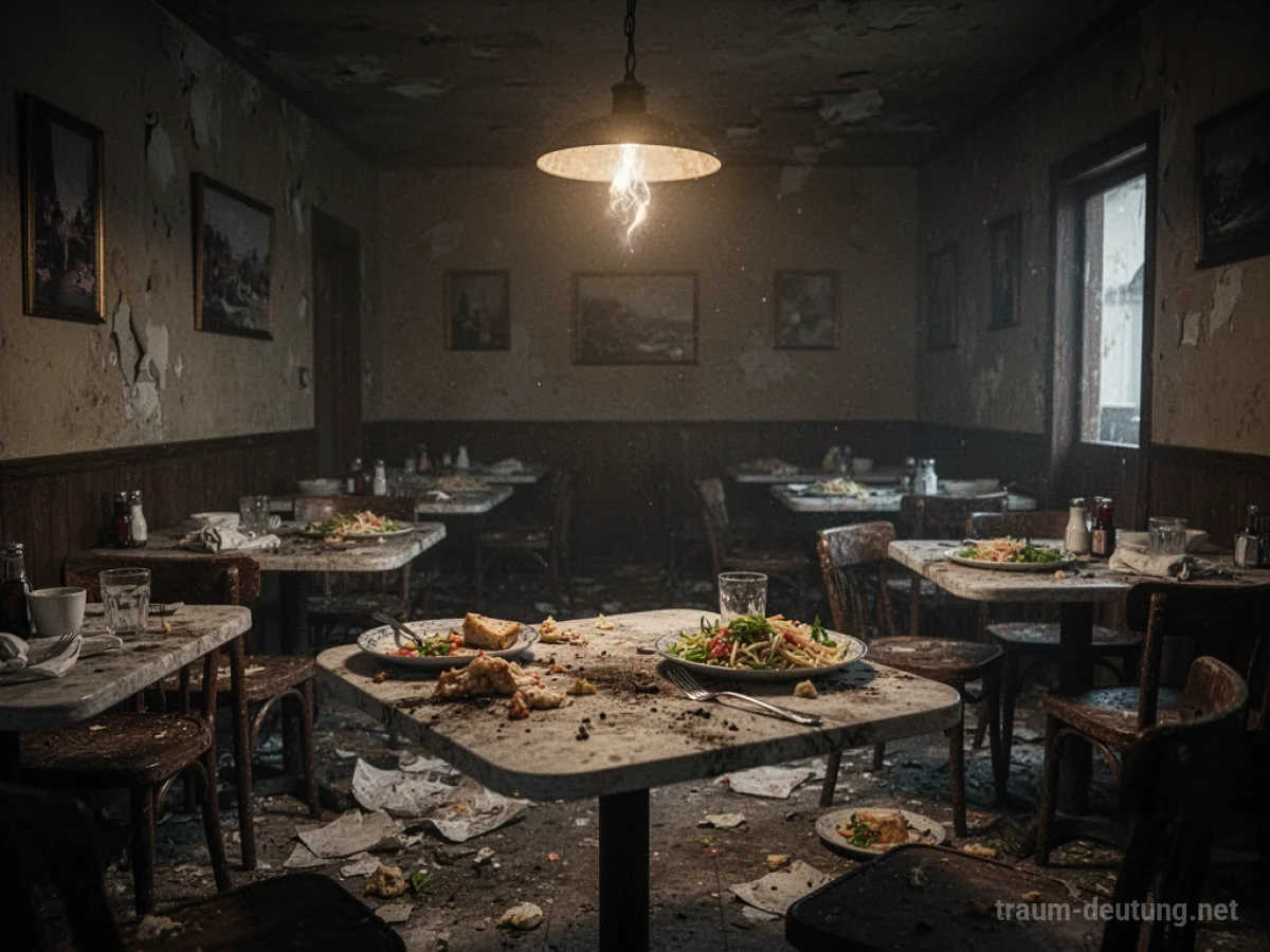 Innenansicht eines schmutzigen Restaurants mit unaufgeräumten Tischen und Essensresten.