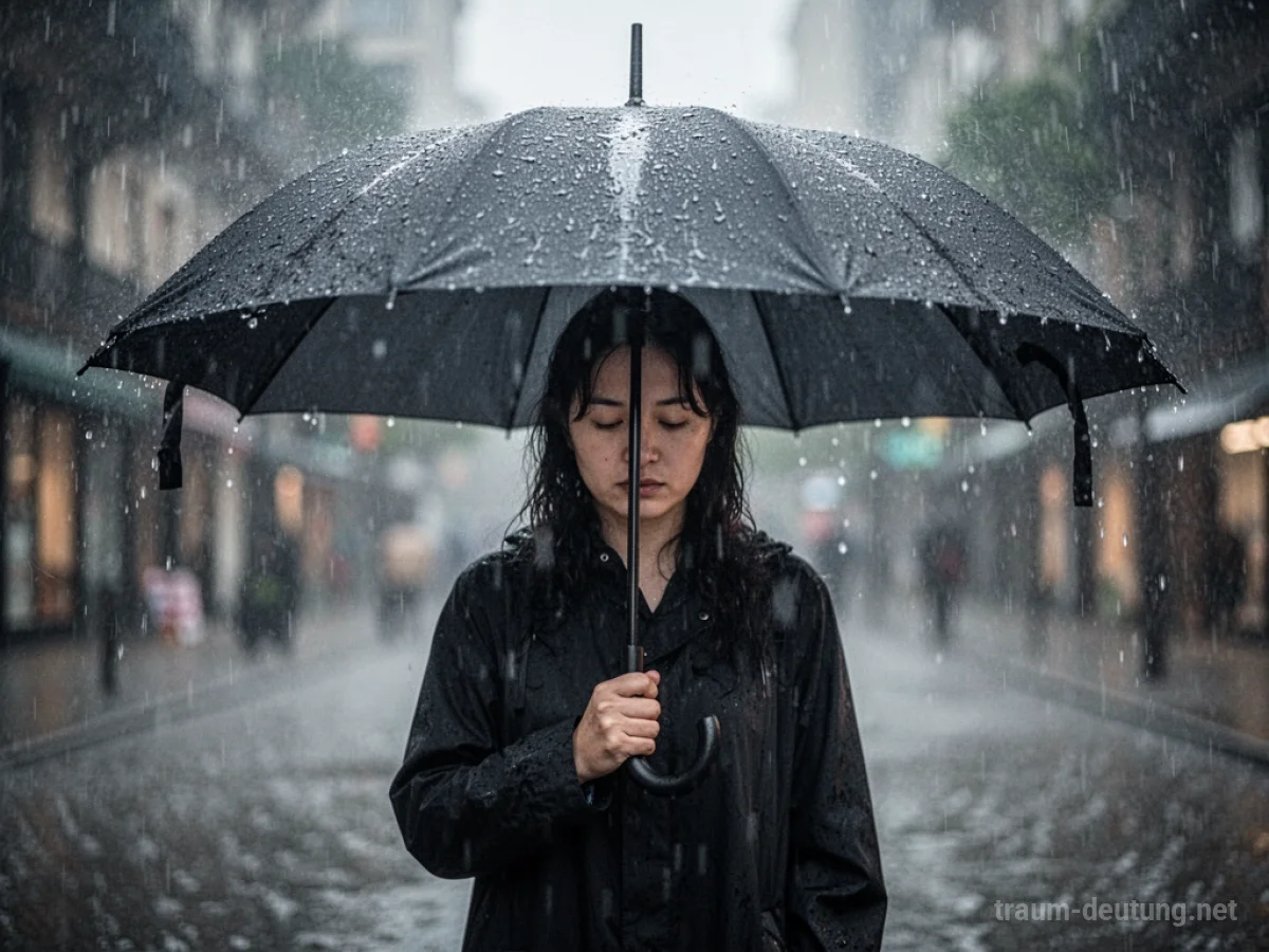Person sucht Schutz unter einem Regenschirm vor starkem Regen.