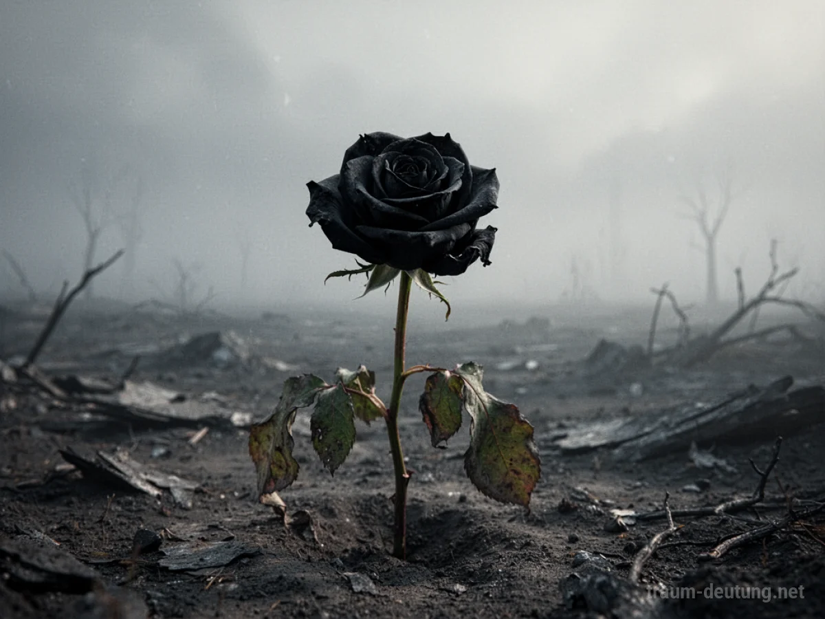 Eine einzelne schwarze Rose in nebliger Landschaft
