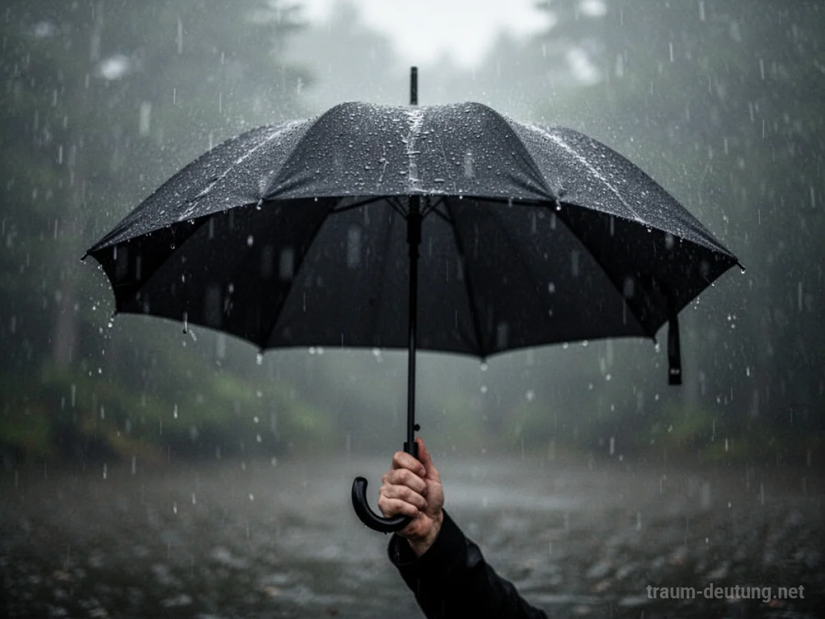 Ein geschlossener schwarzer Regenschirm liegt auf nassem Asphalt.