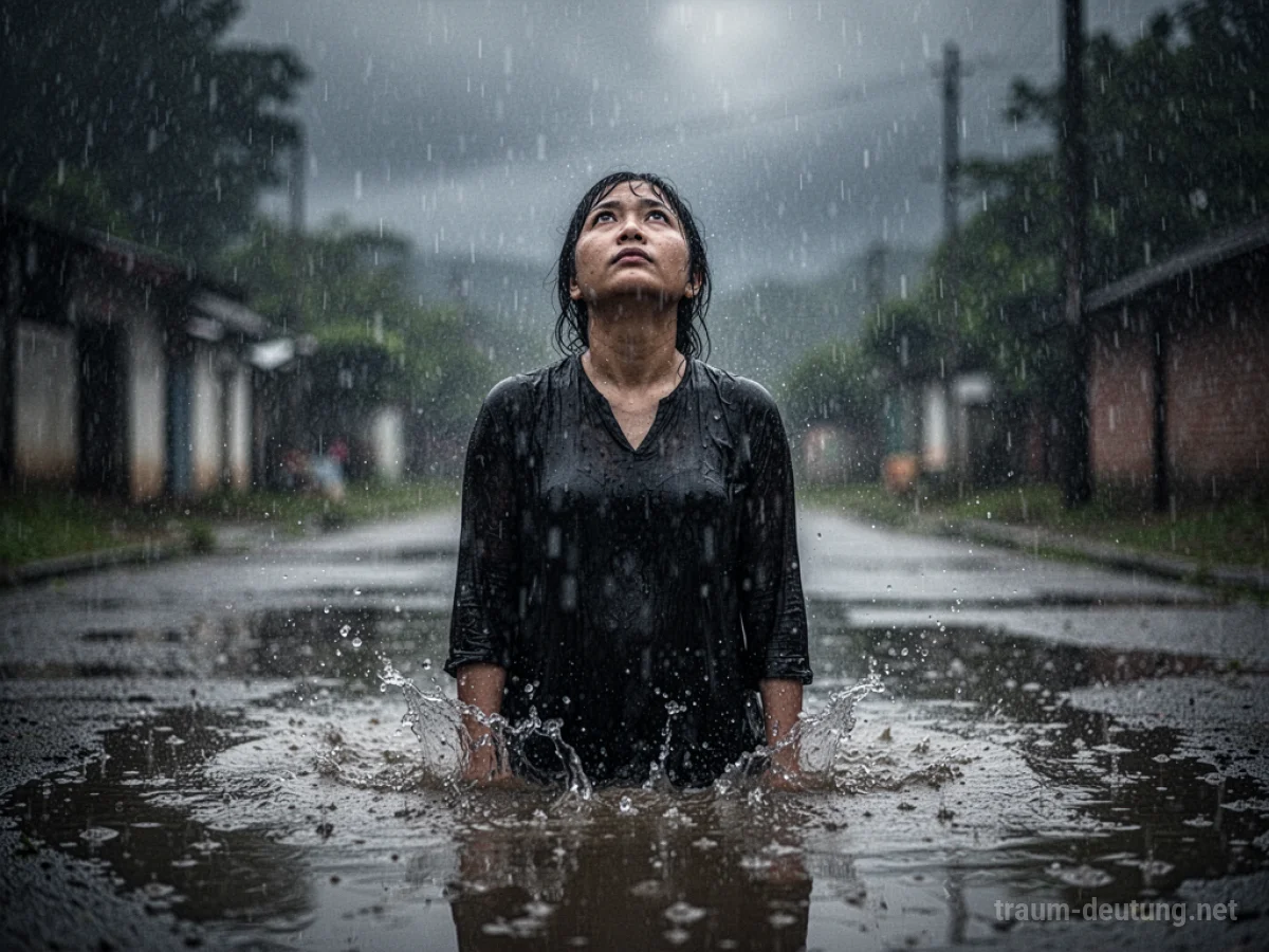 Eine Person steht im starken Regen und blickt nach oben.