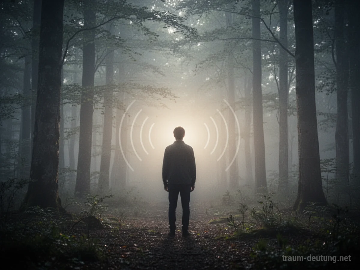 Silhouette einer Person im Nebel, die sich einer entfernten Lichtquelle zuwendet.
