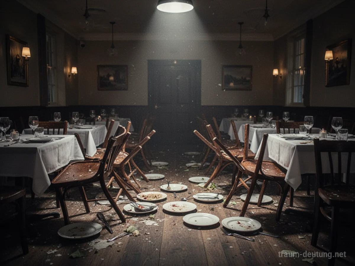 Ein verwüsteter Restaurantbereich mit umgestürzten Stühlen und Tellern