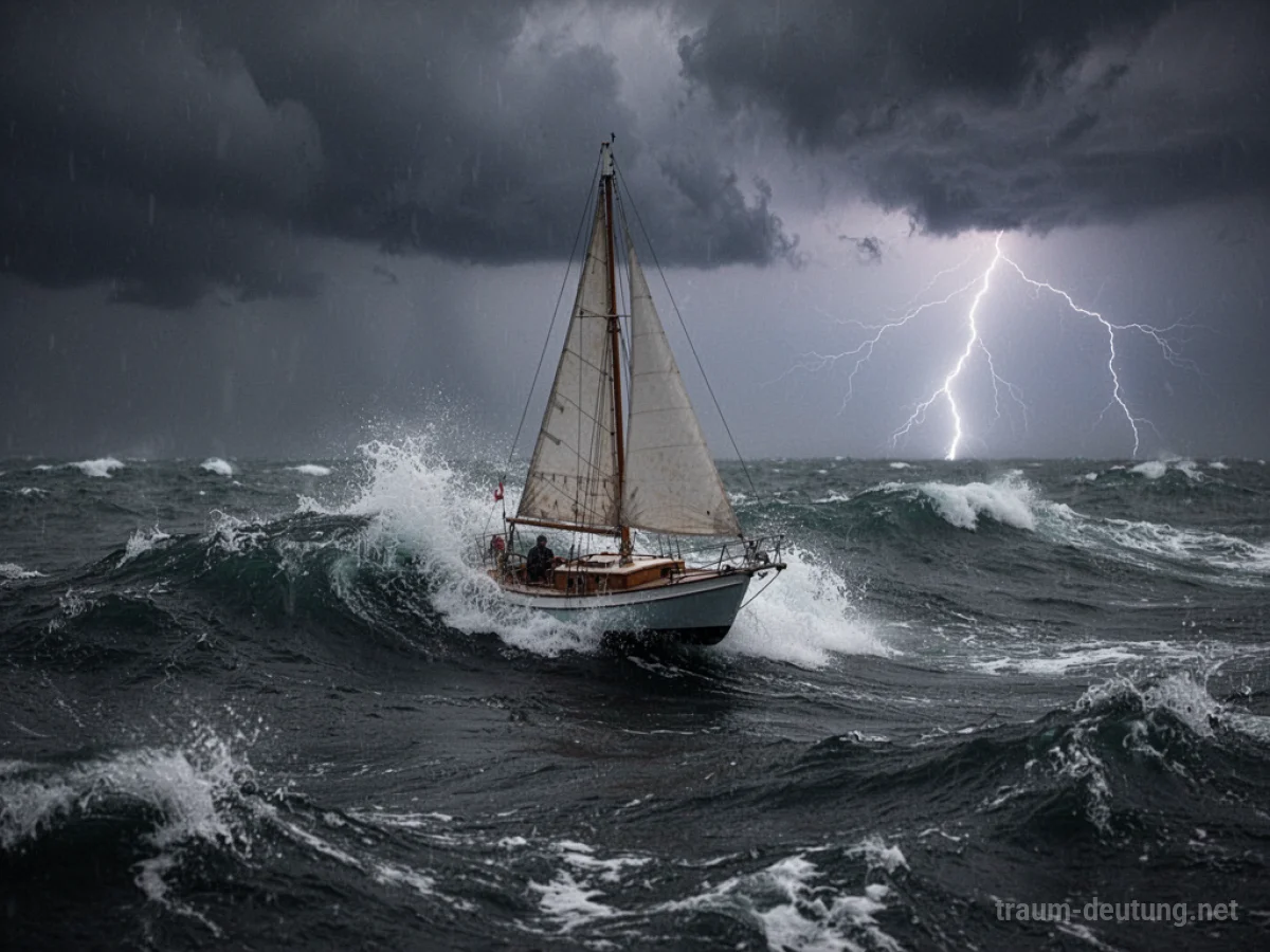 Kleines Segelboot kämpft gegen hohe Wellen bei stürmischem Wetter.