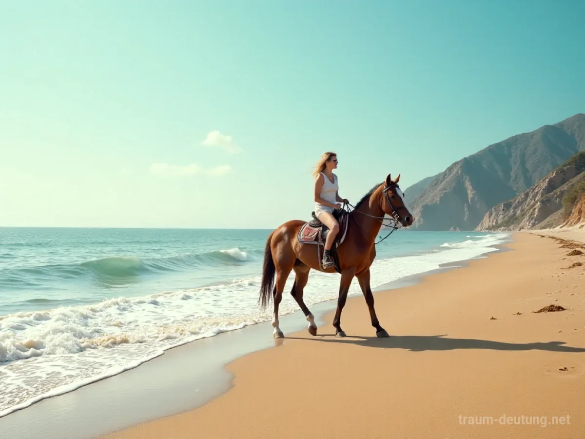 Eine Person reitet auf einem Pferd am Strand entlang, mit dem Meer im Hintergrund.