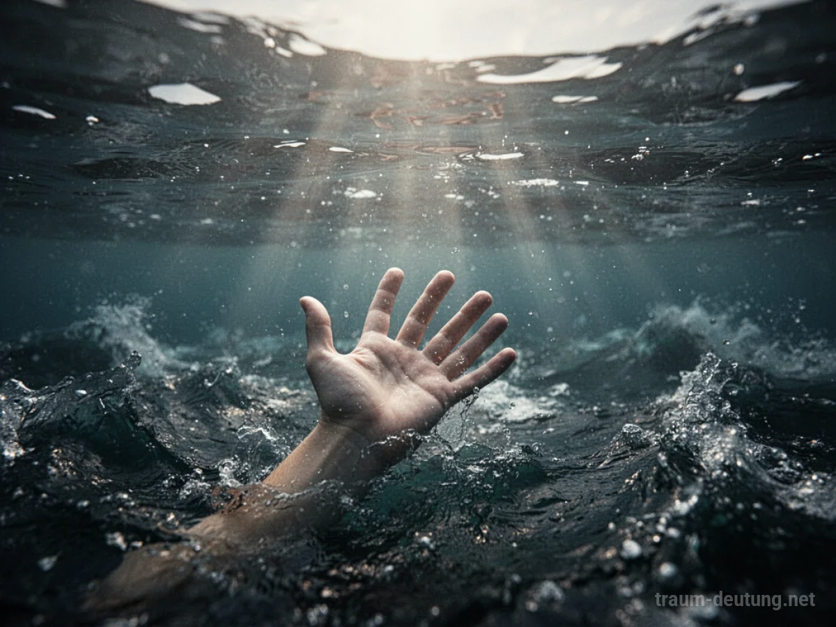 Hand greift aus Wasser Richtung Licht nach Rettung
