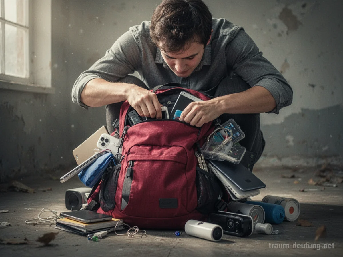 Ein überfüllter Rucksack, aus dem Gegenstände herausquellen, was die Unfähigkeit symbolisiert, alles zu bewältigen.