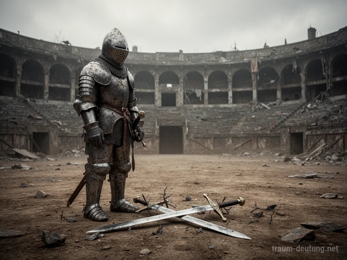 Ein Ritter steht allein in einer leeren Arena, sein zerbrochenes Schwert liegt zu seinen Füßen.