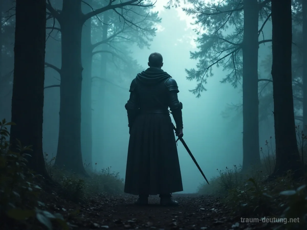 Silhouette eines Ritters im Nebelwald, der eine Waffe hält.