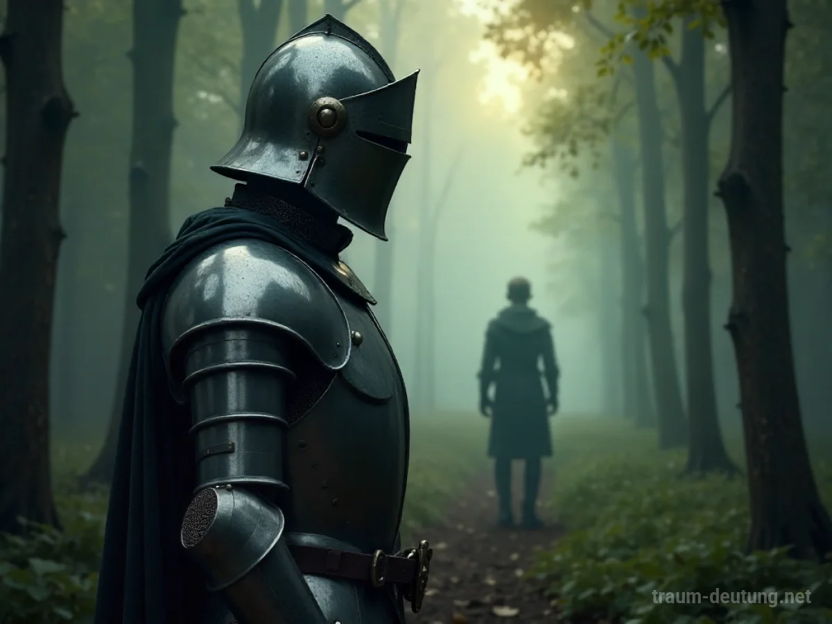 Ein Ritter in glänzender Rüstung schützt eine Person im Wald.