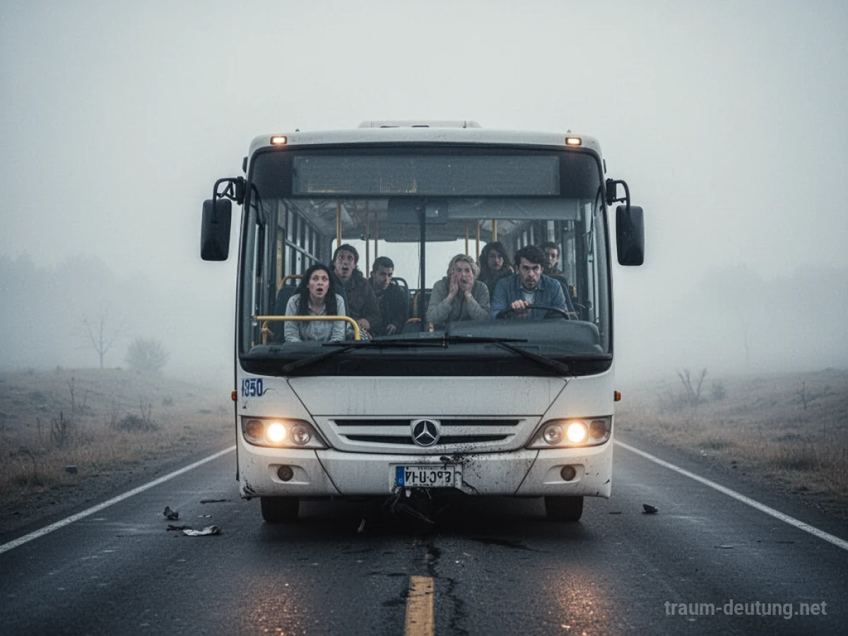 Ein Bus steht unerwartet auf einer nebligen Straße, die Fahrgäste blicken ratlos.