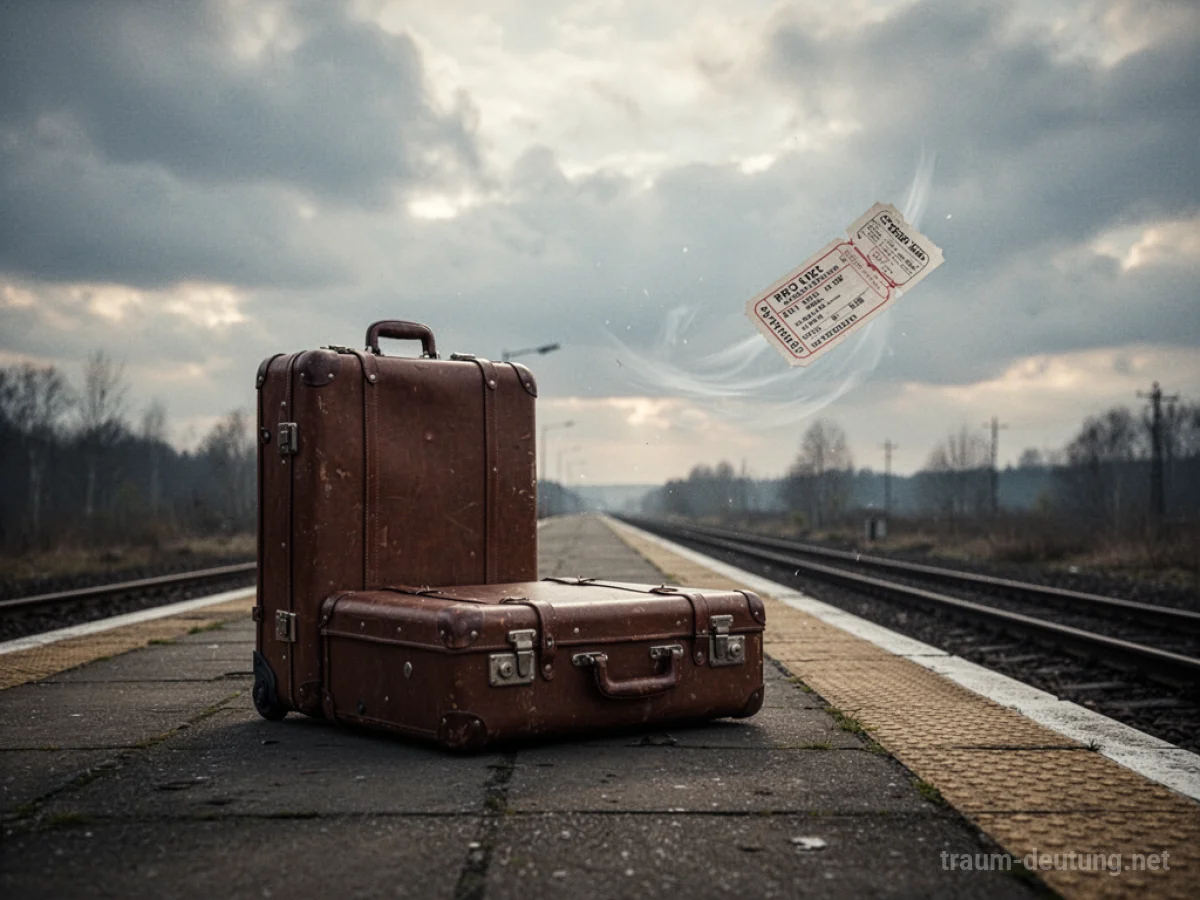 Ein einzelner Koffer steht auf einem leeren Bahnsteig, daneben weht ein Ticket im Wind.