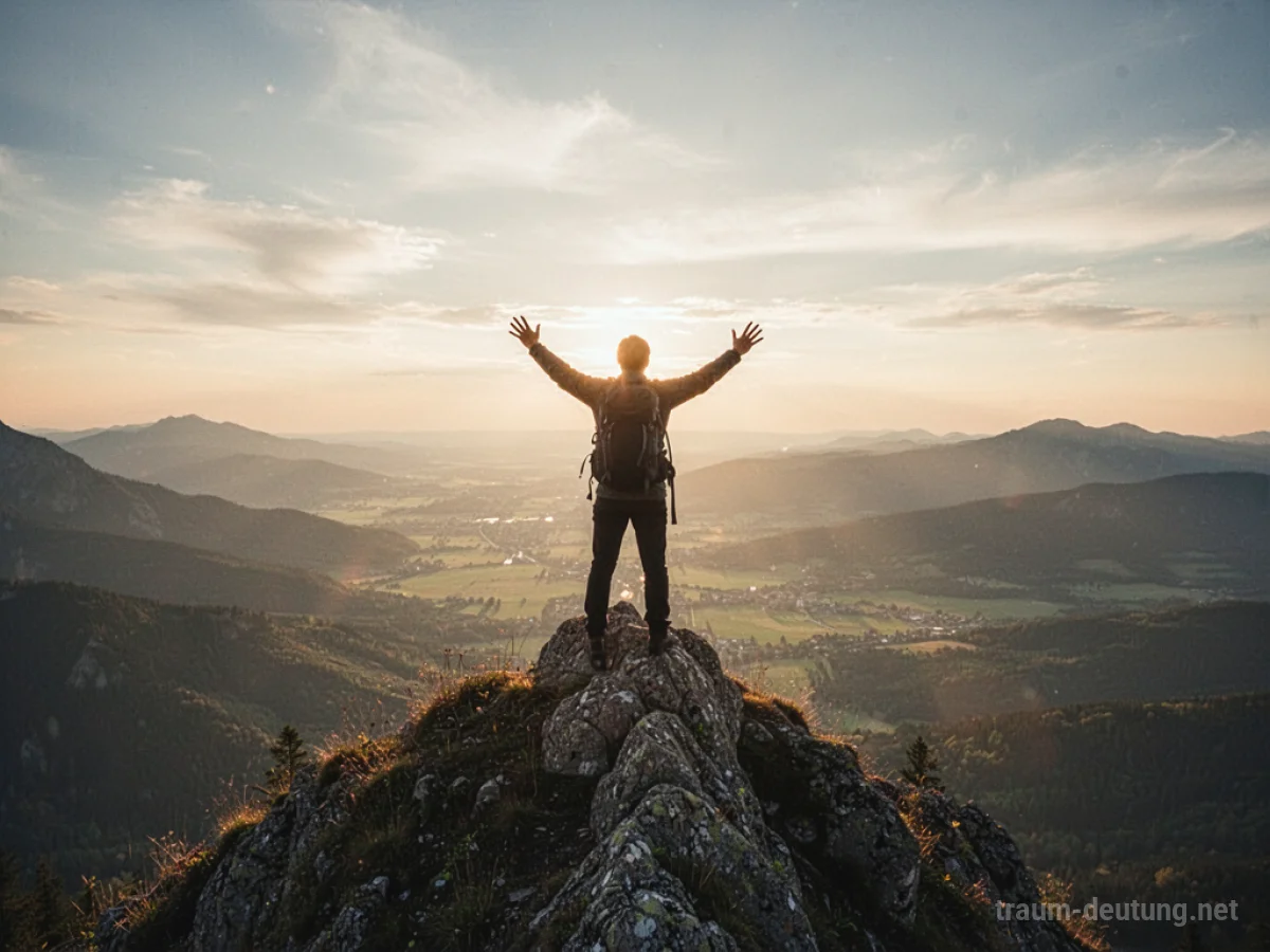 Silhouette einer Person auf einem Berggipfel im Sonnenlicht, Blick auf weite Landschaft.