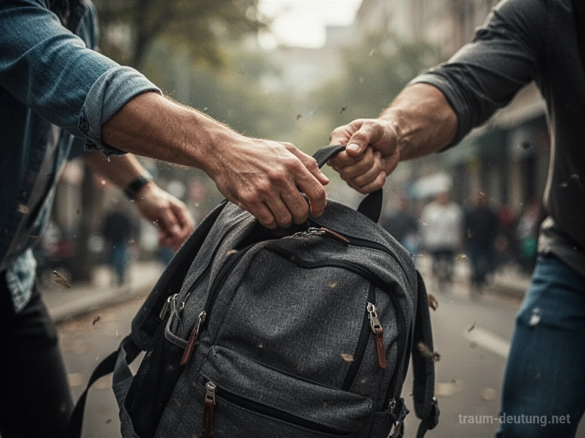 Jemand greift nach einem Rucksack, der von einer anderen Person getragen wird.