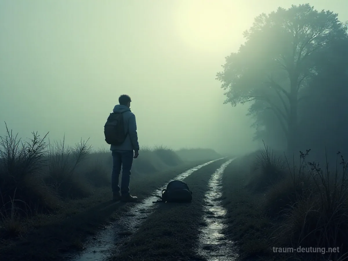 Silhouette einer Person, die ihren vergessenen Rucksack auf einem Weg zurücklässt.