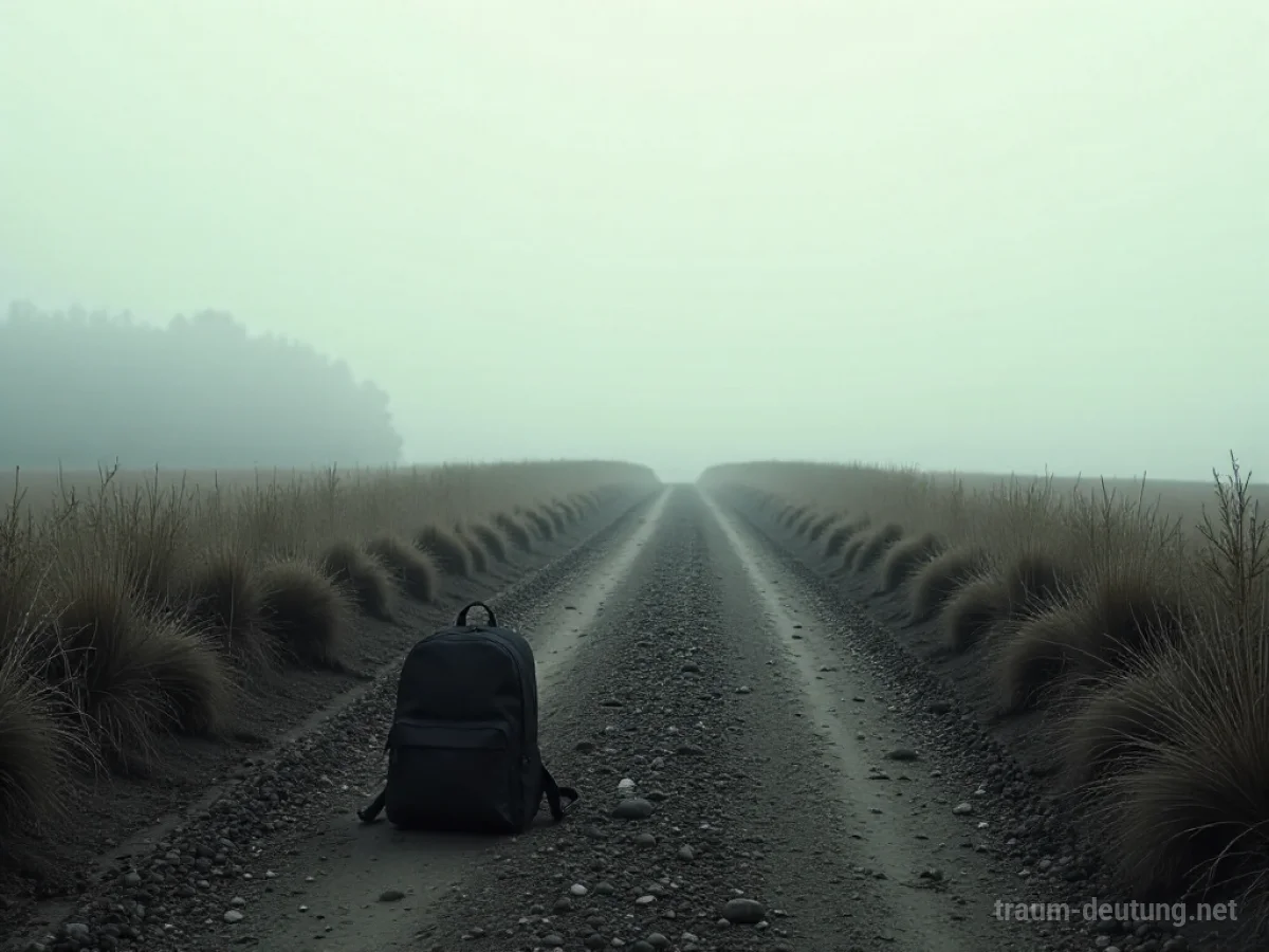 Ein leerer Rucksack liegt auf einem einsamen Weg in einer nebligen Landschaft.
