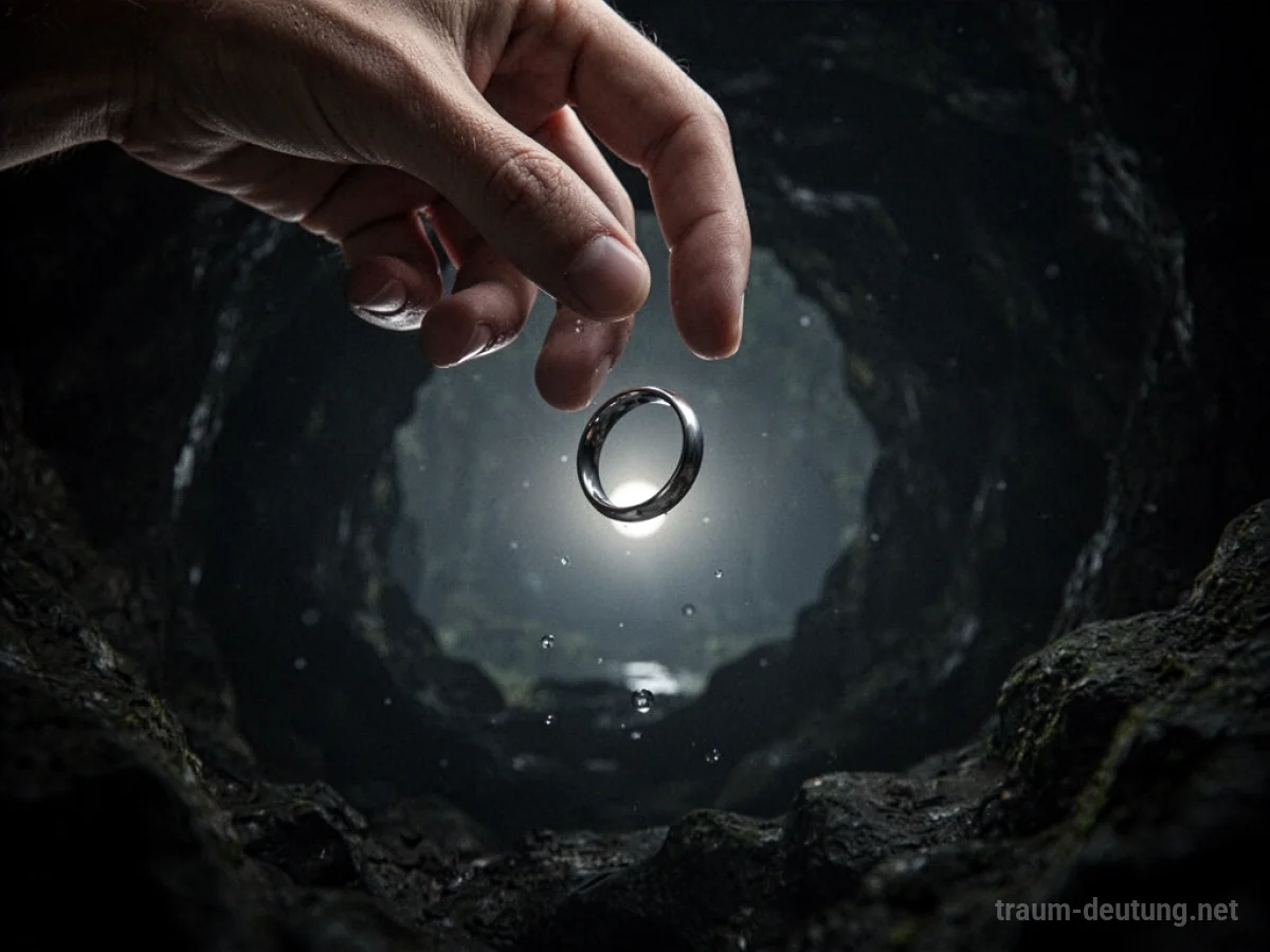 Ein Ring fällt aus einer Hand in die Dunkelheit.