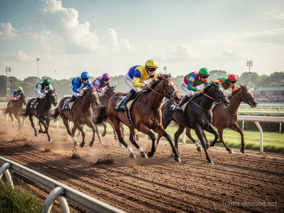 Pferderennen mit mehreren Pferden und Jockeys auf einer Rennstrecke.