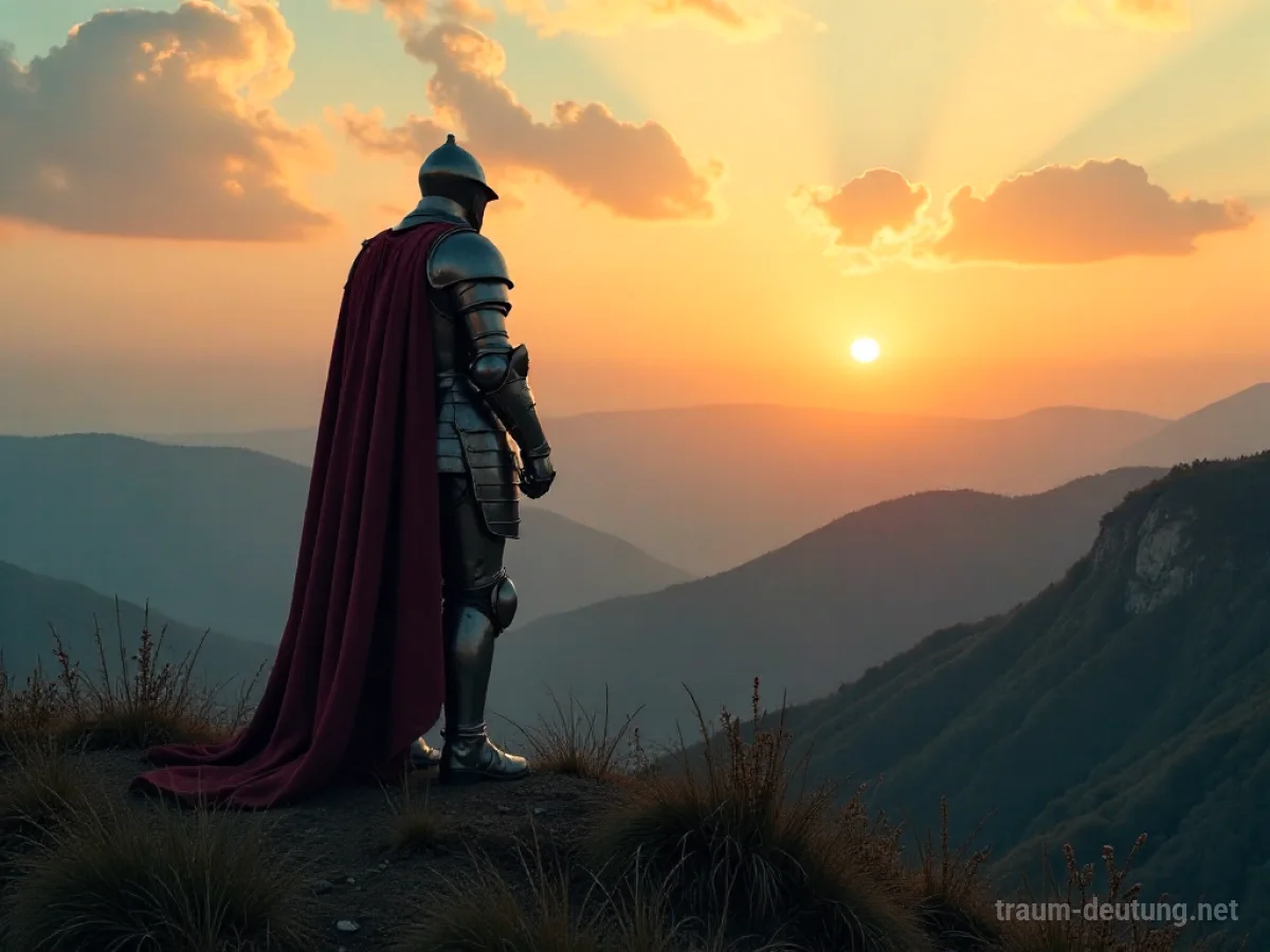 Ein Ritter in glänzender Rüstung steht auf einem Hügel und blickt auf eine friedliche Landschaft.