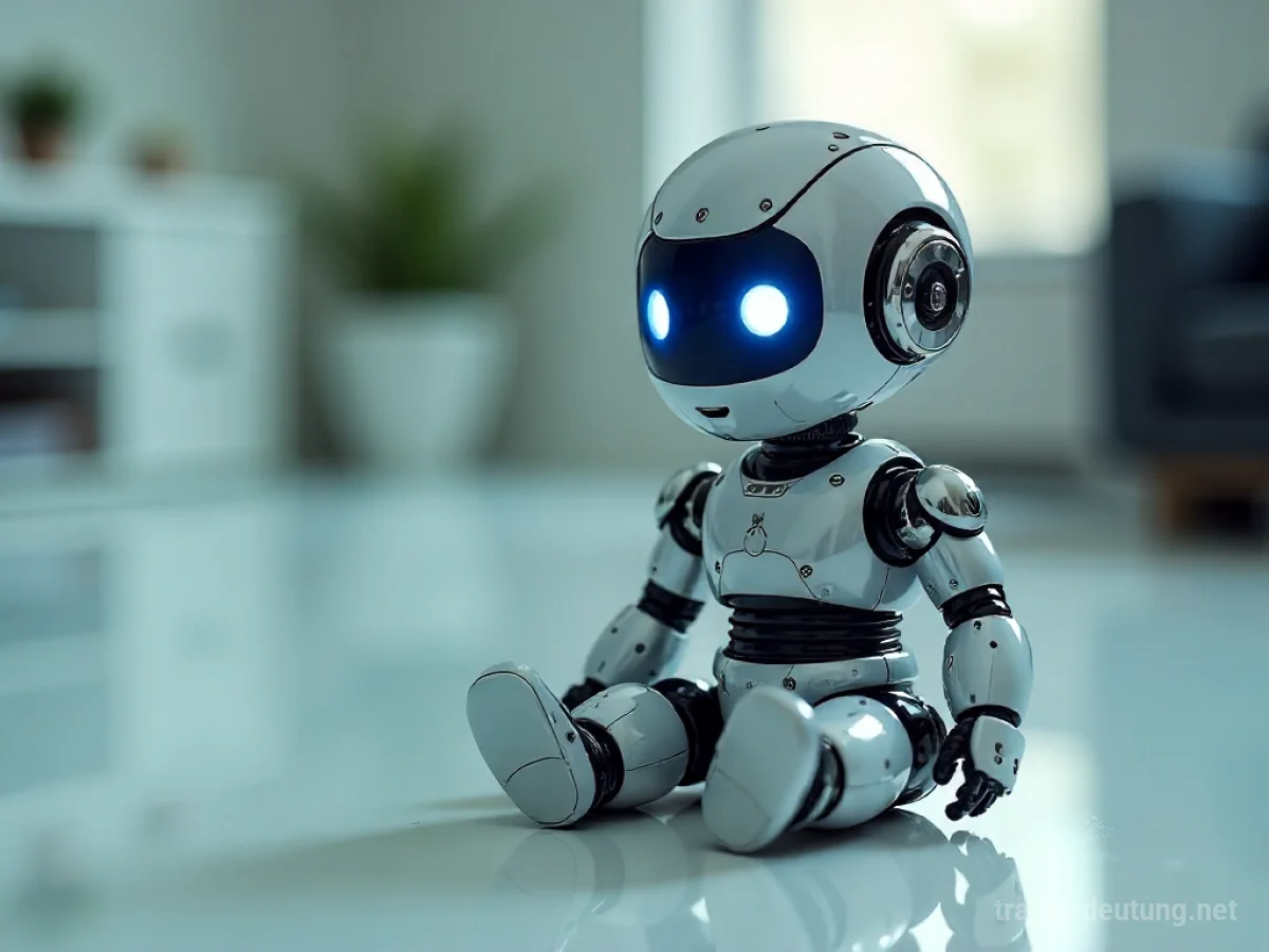 Ein kleines Roboterbaby mit leuchtenden blauen Augen sitzt auf einem hellen Boden.