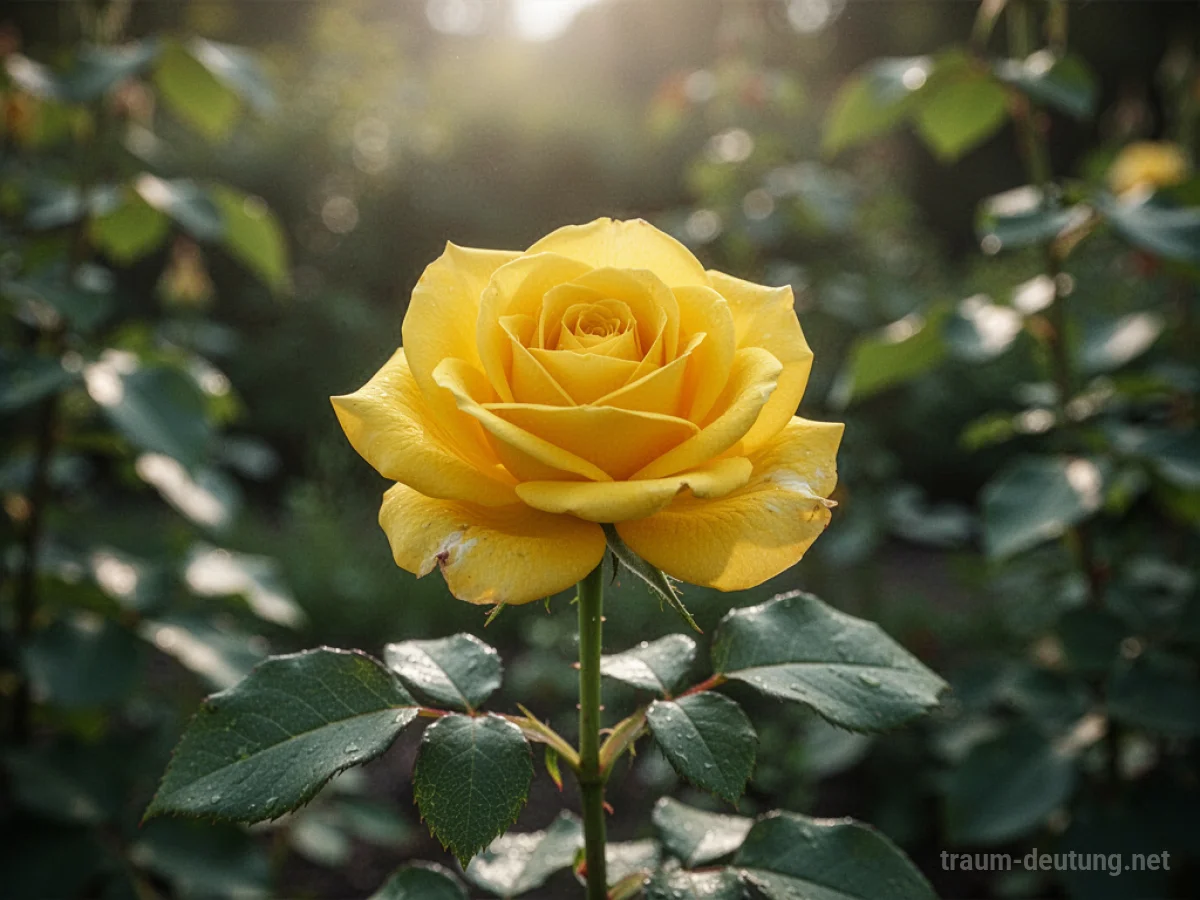 Eine strahlend gelbe Rose in voller Blüte in einem sonnigen Garten.