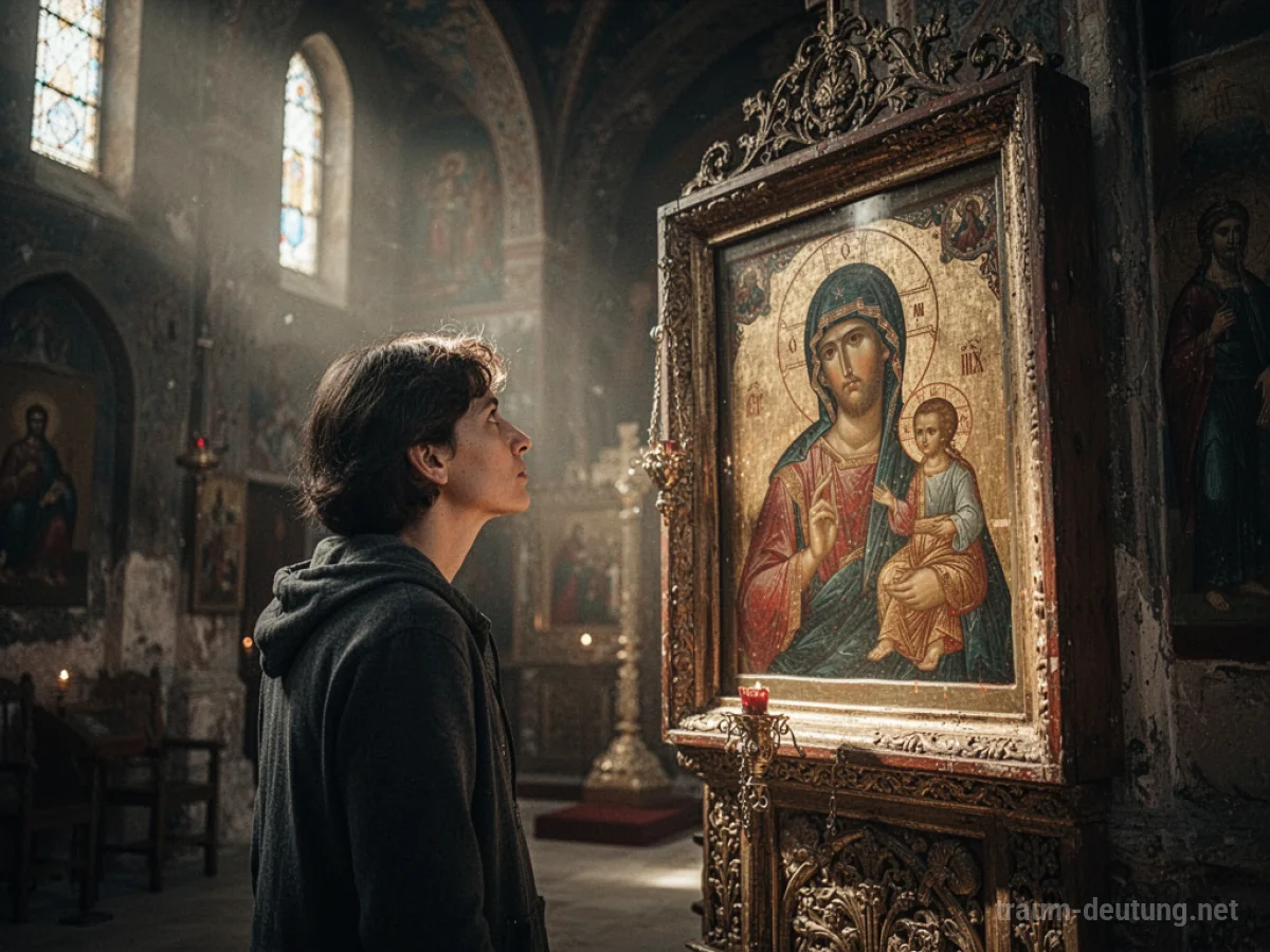 Person betrachtet eine religiöse Ikone in einer Kirche